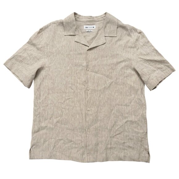 Zara Shirt Mens Size M Hawaiian Camp Collar Oversized Fit 100% Linen Beige - Picture 1 of 4